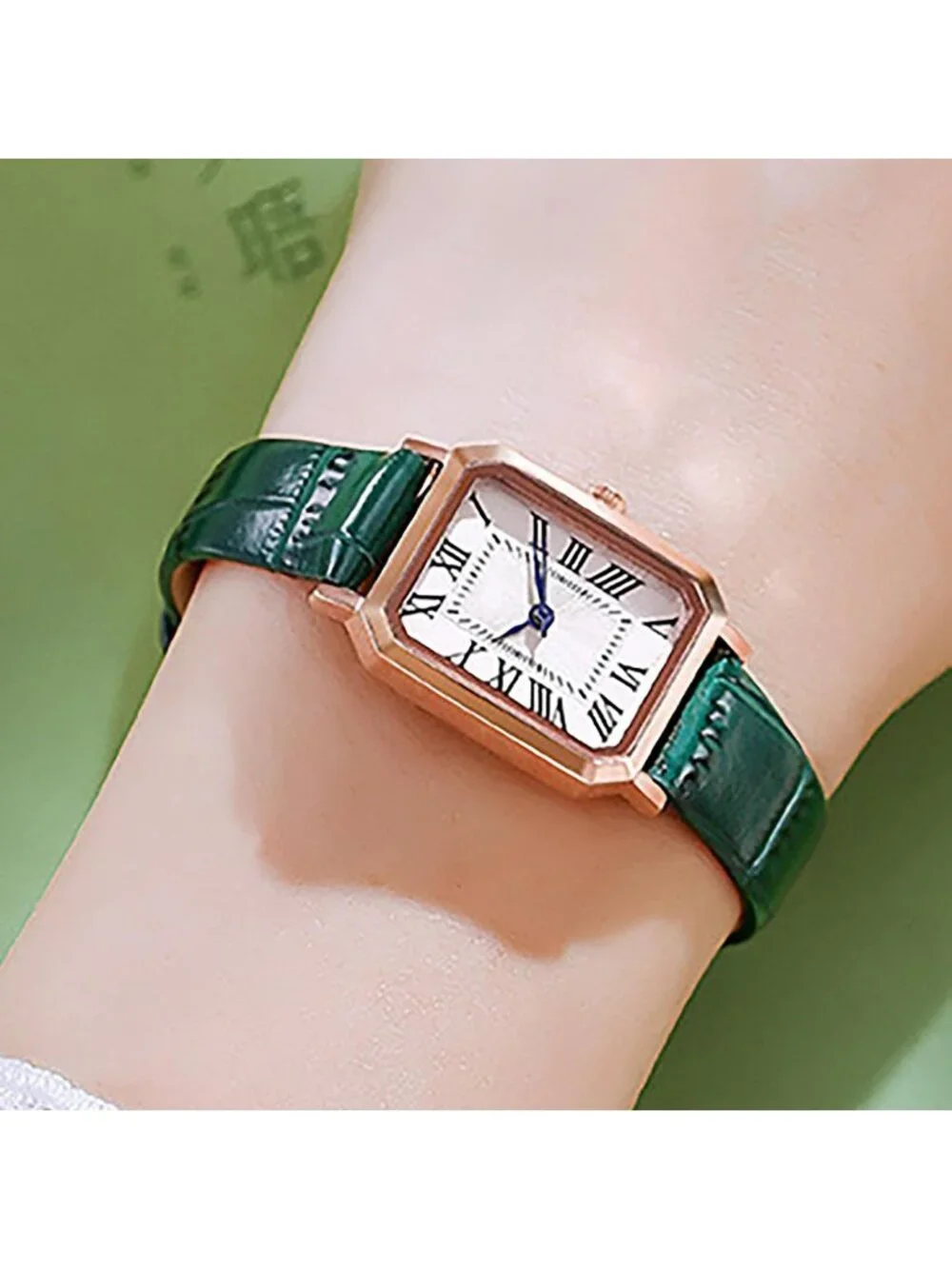Women's Green Rose Gold White Leather Strap Vintage Rectangle Elegant Wristwatch